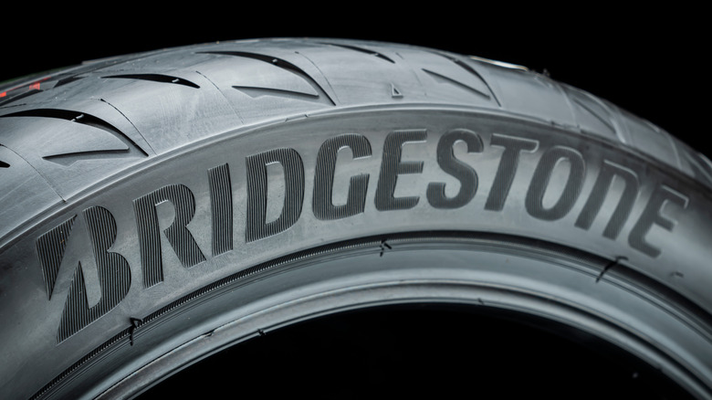 Closeup of Bridgestone logo on tire