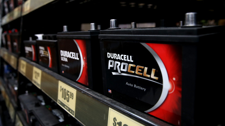 Duracell car batteries displayed in a store