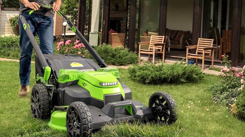 Person cutting grass with Greenworks lawn mower