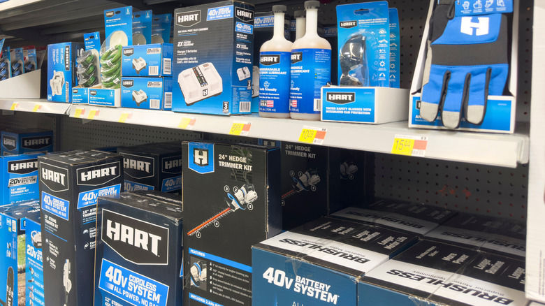 A collection of Hart tools on shelves