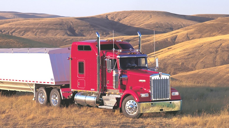 Kenworth red truck in the countryside