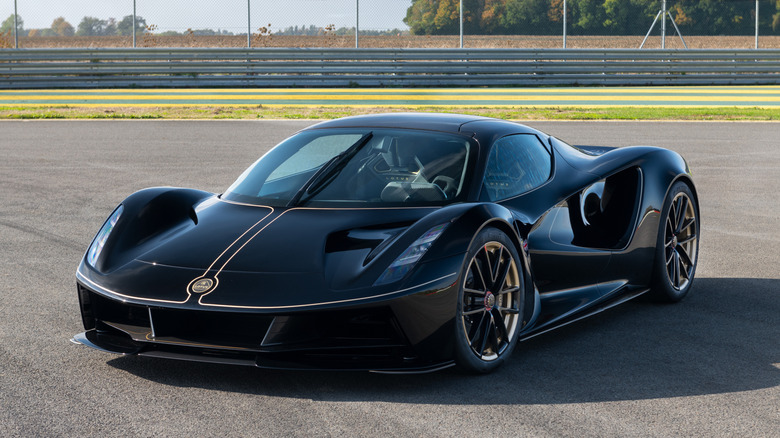 Front left view of Lotus Evija Fittipaldi edition parked on track