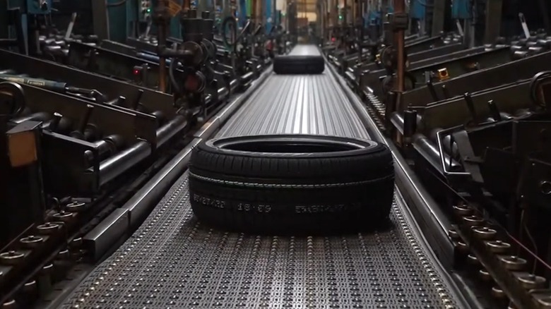 A tire being made on a production line