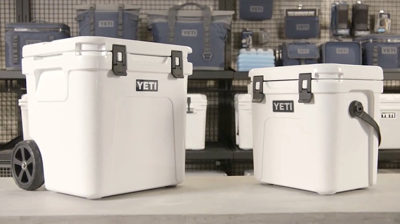 Yeti coolers sitting on a counter top for display