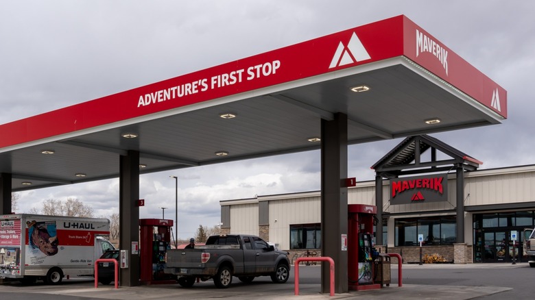A typical Maverik gas station offers fuel lanes and convenience store shopping.