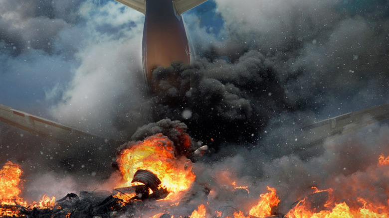 A plane crashes and explodes in fire