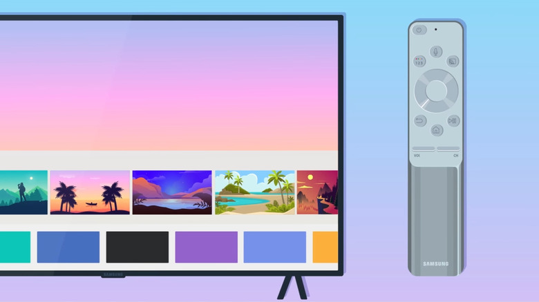 Samsung remote next to TV opened in home screen