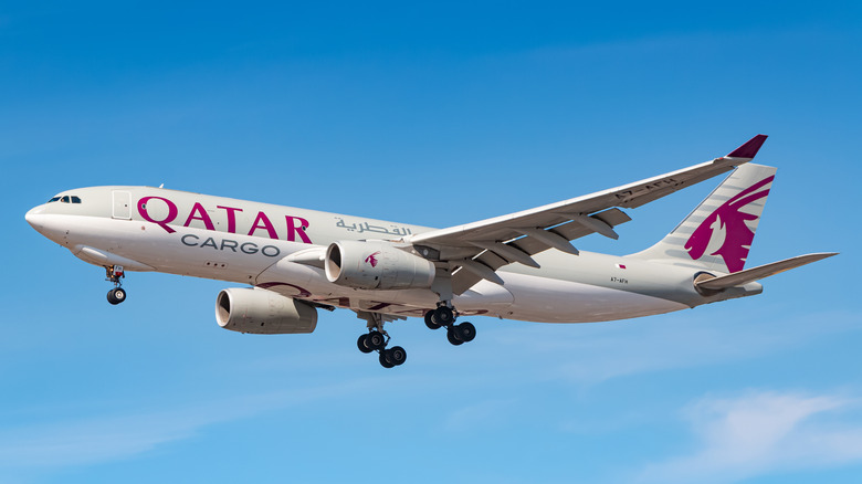 A Qatar Airways Cargo Airbus A330F airplane getting ready to land during the day