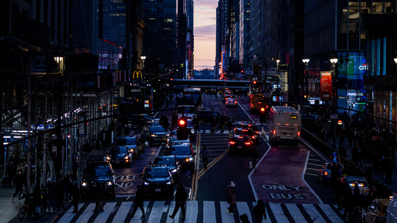 Traffic on the New York road during sunset
