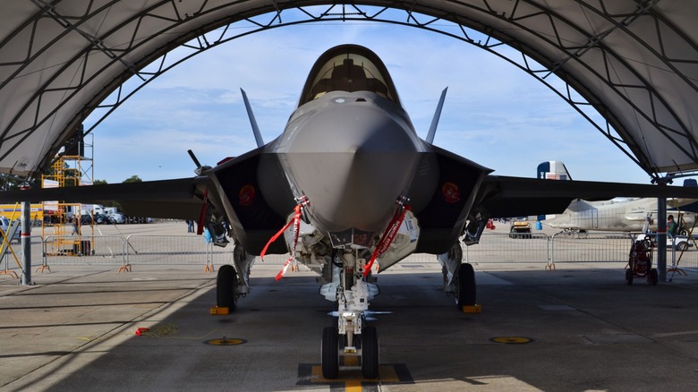 F-35 inside of a military plane hangar