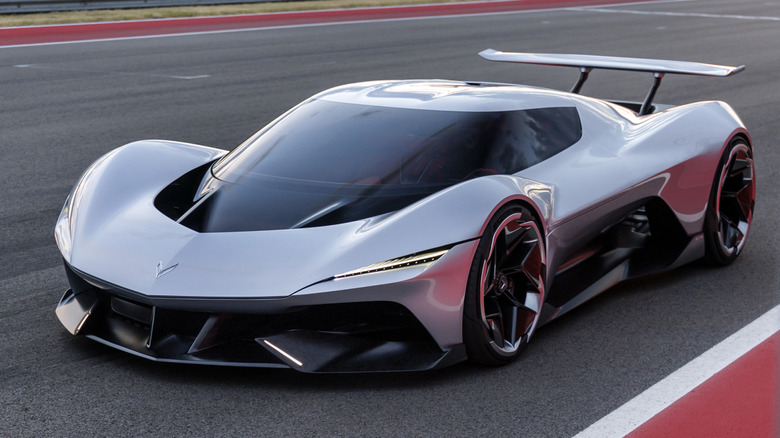 Front 3/4 view of Corvette CX concept with wing up in track setting