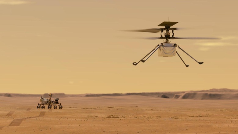 An artist's rendering of Ingenuity in the air over the Mars surface with Perseverance driving away in the background.