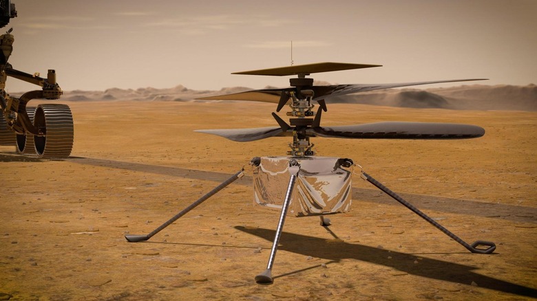 An artist's rendering of Ingenuity on the surface of Mars with Perseverance in the background.
