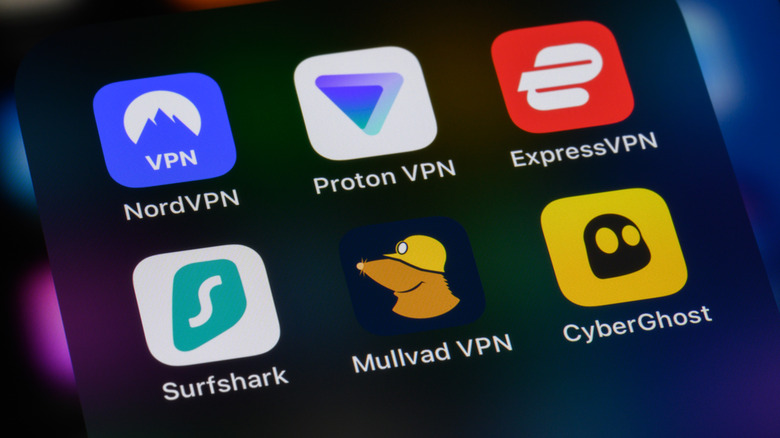 nordVPN, ProtonVPN, ExpressVPN, Surfshark, Mullvad VPN, and CyberGhost apps on a smartphone screen