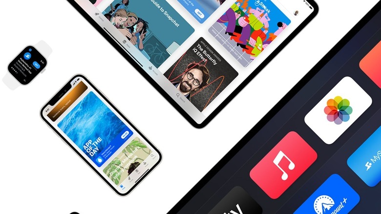 Apple devices arranged on white background