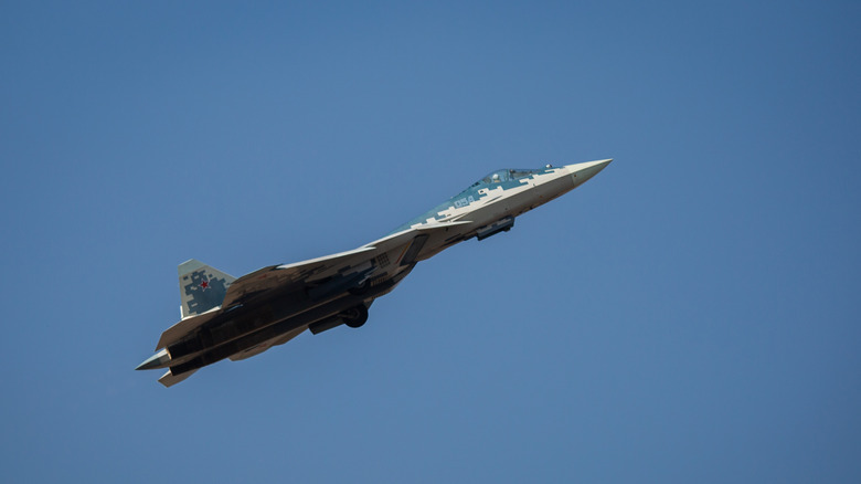 Russian Air Force Sukhoi Su-57 twin-engine stealth multirole fighter aircraft performs aerial manoeuvres