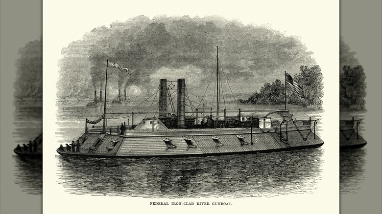 An old engraving of a Federal ironclad river gunboat used during the American Civil War