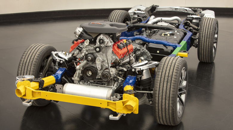 Jeep Wagoneer frame with engine, transmission, and suspension