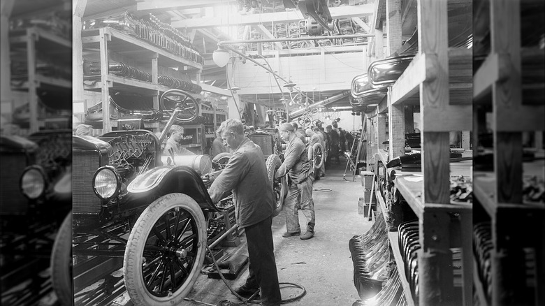 A Ford assembly line at the Ford factory in Copenhagen, Denmark, circa 1923.