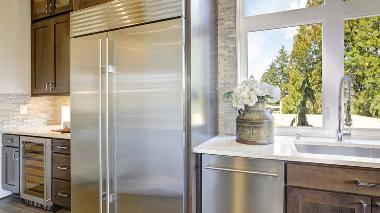 A large American fridge in a luxury kitchen