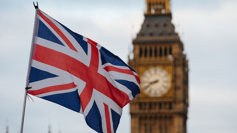 A photo of the English flag with Big Ben in the background