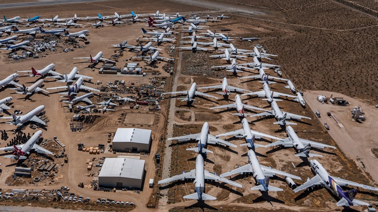 Airplanes stored in a desert.