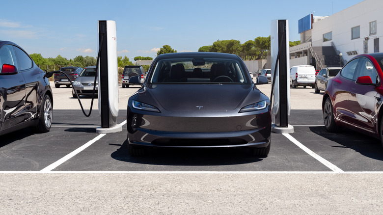 Tesla cars charging at Tesla Supercharger station