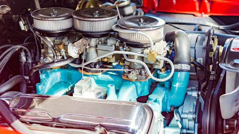 A close-up of the Tri-Power engine in the 1966 Pontiac GTO
