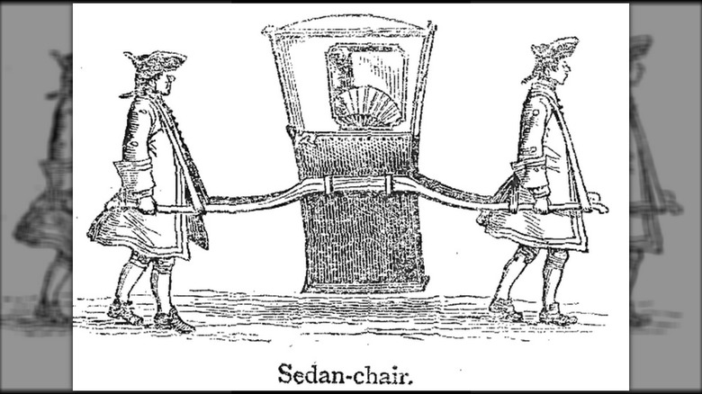 Illustration from 1908 Chambers's Twentieth Century. Sedan, n. a covered chair for one, carried on two poles, generally by two bearers.