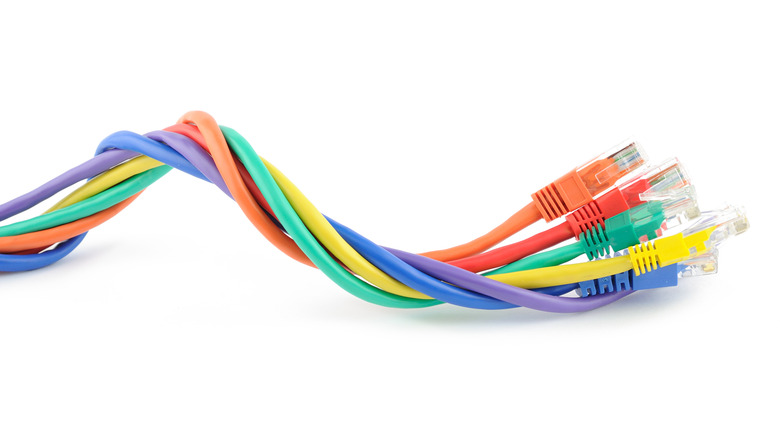 Multi colored computer network cables isolated on white background