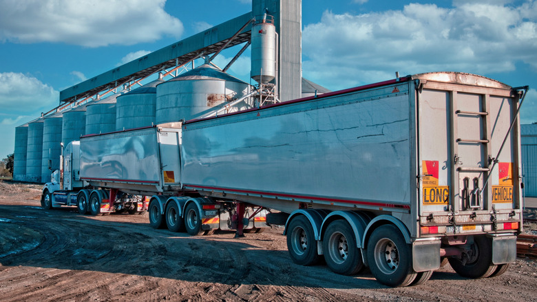 Large B-double truck waiting to load at Yarrawonga Railway Station in Australia