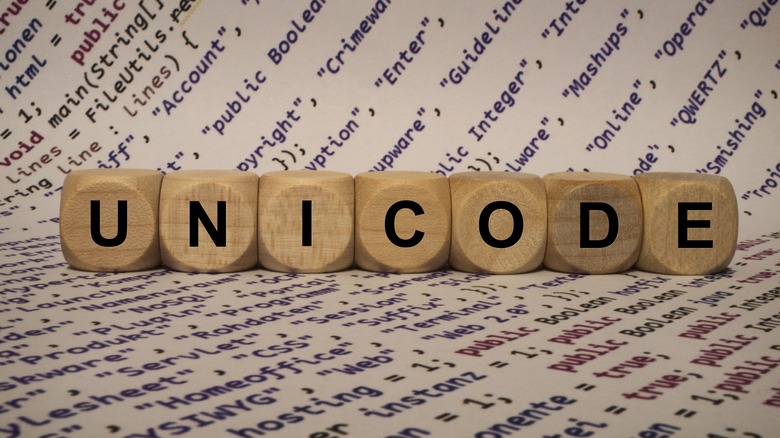 The letters "UNICODE" on wooden blocks against a type-laden background.