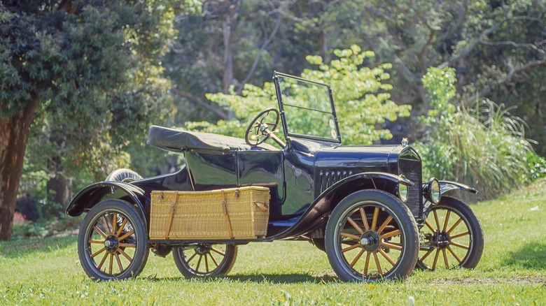 Black Ford Model T with an attached basket on a field of grass