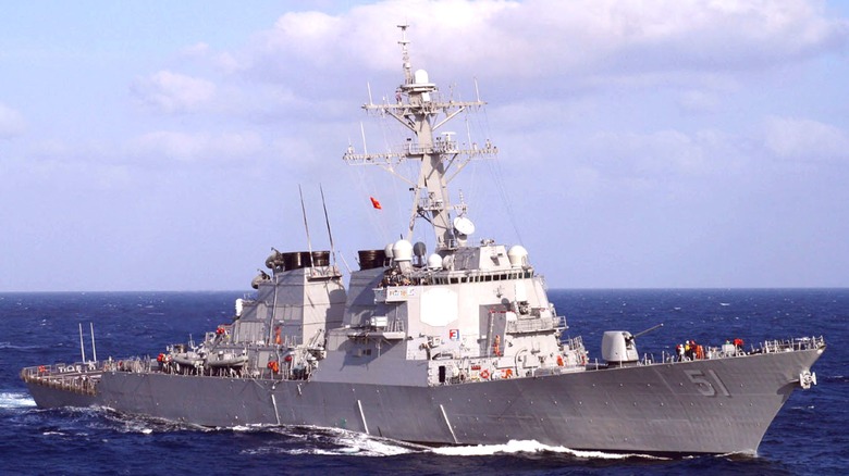 The USS Arleigh Burke (DDG 51) moving through the Mediterranean Sea