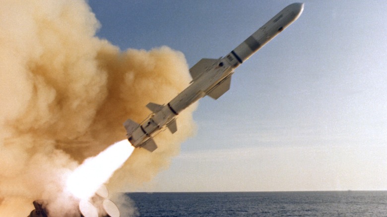 An RGM-84 Harpoon firing from the USS Leahy in 1983.