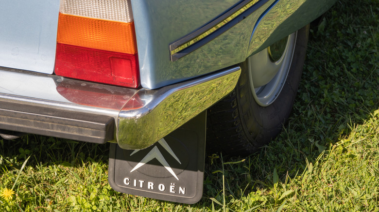 A car with mud flaps parked on grass