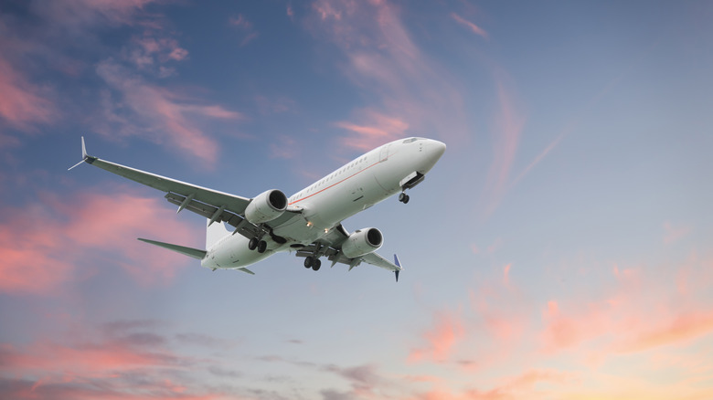 Airplane flying in beautiful sky with clouds at sunset shot fro underneath.