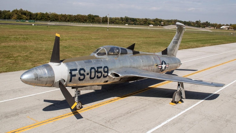Republic XF-84H "Thunderscreech" on taxiway with engine off, front-left view