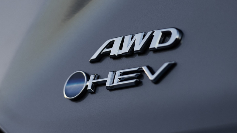 Close-up of Toyota HEV emblem on 2025 Camry Hybrid.
