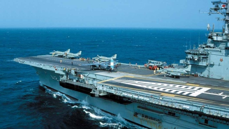 Aircraft on the fight deck of the Sao Paulo aircraft carrier.