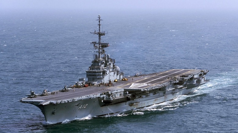 An aerial view of the Sao Paulo aircraft carrier.