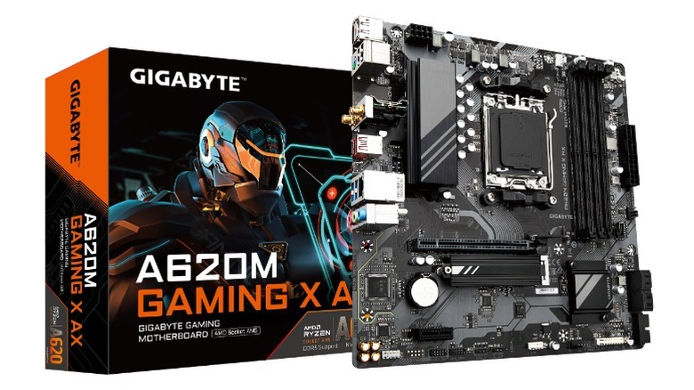 Gigabyte AM5 motherboard with box on white background