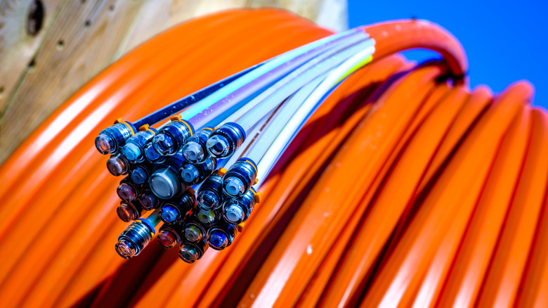 Close up of fibre optic cables on a cable drum with the end of the cable prominent