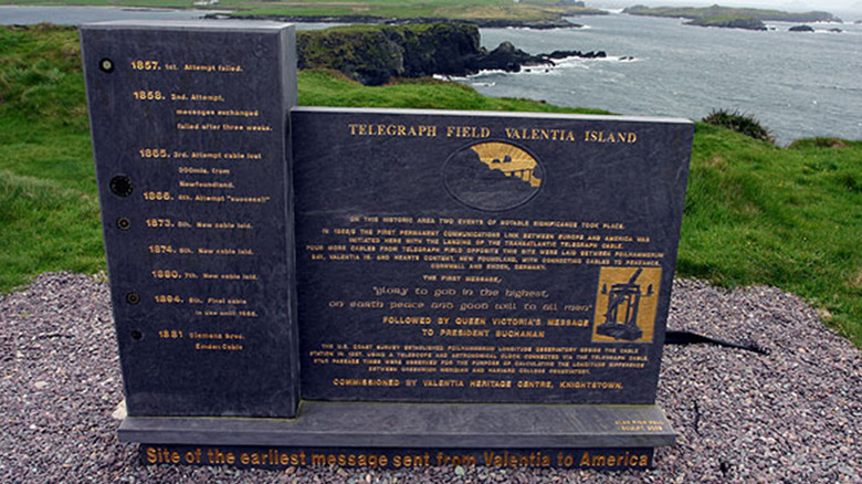 Plaque at Valentia Island commemorating the Irish site of earliest transatlantic cable.