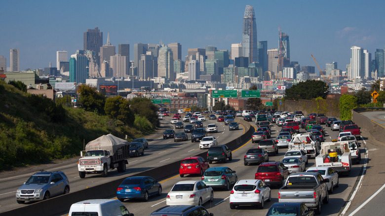 Cars driving on a multi-lane highway in California.