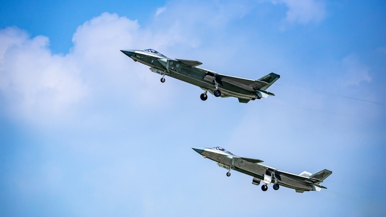 Chinese J-20 fighter jets at an air show