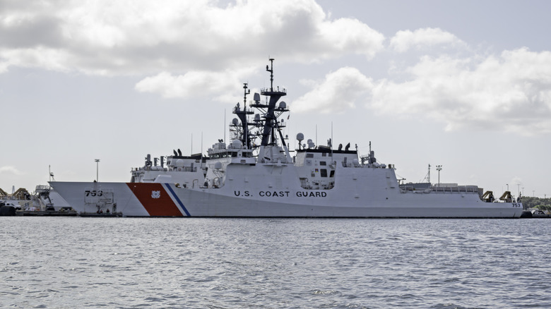 Hamilton, a 127-meter U.S. Coast Guard Legend Class Cutter (WMSL-753), at its mooring at Joint Base Charleston in Charleston Harbor.
