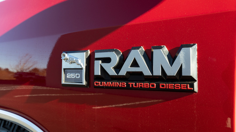 Closeup view of a Cummins-powered Ram logo