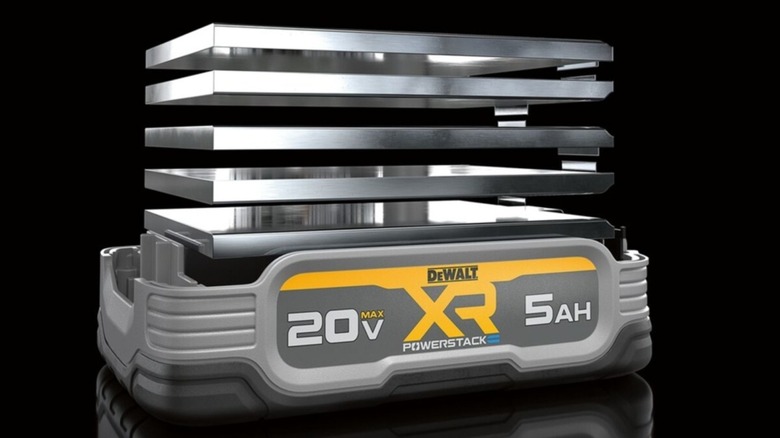 An exploded view of a 20V MAX* DeWalt XR PowerStack battery.