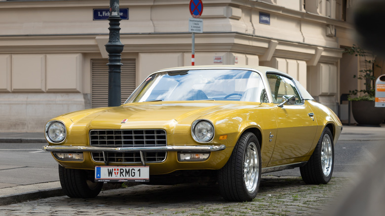 Front view of a yellow 1970s Chevrolet Camaro